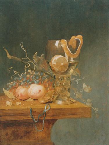  Stilleben mit verschiedenen Fruchten, einem groben Romerglas und einer Uhr auf einer Tischkante
